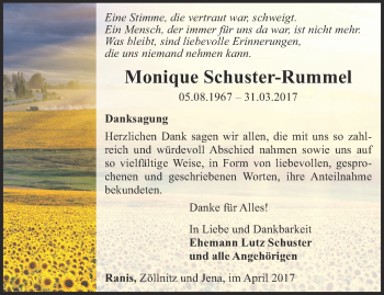 Traueranzeige von Monique Schuster-Rummel von Ostthüringer Zeitung, Thüringische Landeszeitung