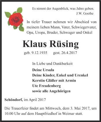 Traueranzeige von Klaus Rüsing von Thüringer Allgemeine, Thüringische Landeszeitung