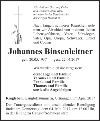 Traueranzeige von Johannes Binsenleitner von Thüringer Allgemeine, Thüringische Landeszeitung