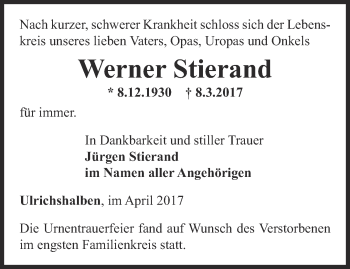 Traueranzeige von Werner Stierand von Thüringer Allgemeine, Thüringische Landeszeitung