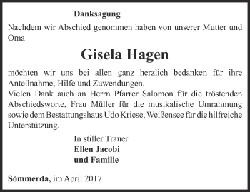 Traueranzeige von Gisela hagen von Thüringer Allgemeine