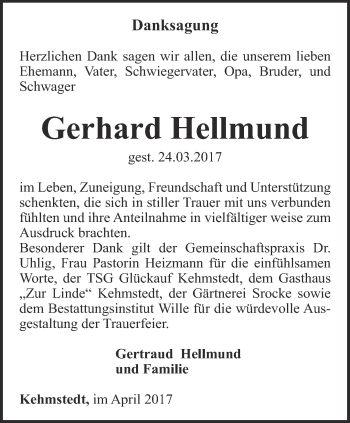 Traueranzeige von Gerhard Hellmund von Thüringer Allgemeine