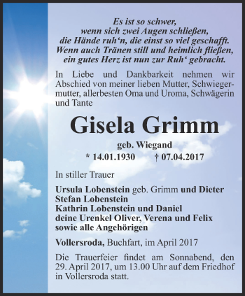 Traueranzeige von Gisela Grimm von Thüringer Allgemeine, Thüringische Landeszeitung