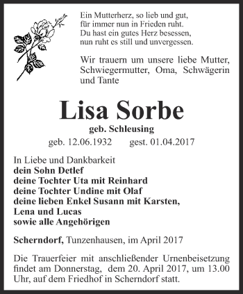 Traueranzeige von Lisa Sorbe von Thüringer Allgemeine