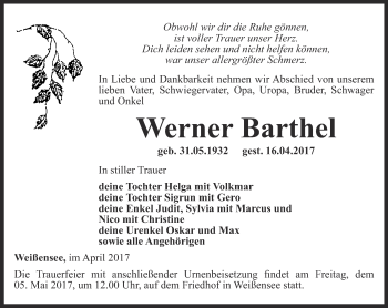 Traueranzeige von Werner Barthel von Thüringer Allgemeine