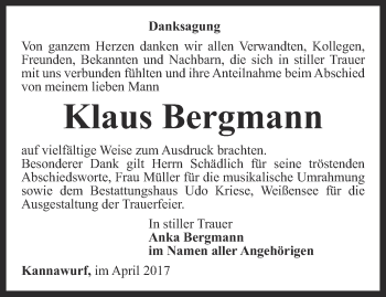 Traueranzeige von Klaus Bergmann von Thüringer Allgemeine