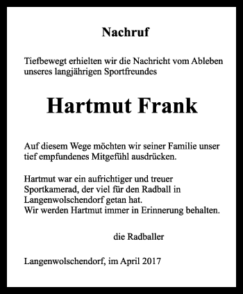 Traueranzeige von Hartmut Frank von Ostthüringer Zeitung