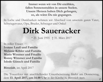 Traueranzeige von Dirk Saueracker von Thüringer Allgemeine