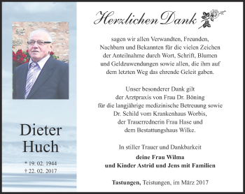 Traueranzeige von Dieter Huch von Thüringer Allgemeine