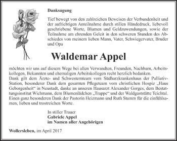 Traueranzeige von Waldemar Appel von Thüringer Allgemeine
