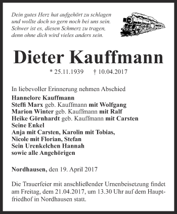 Traueranzeige von Dieter Kaufmann von Thüringer Allgemeine