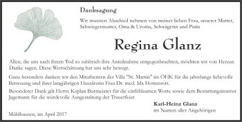 Traueranzeige von Regina Glanz von Thüringer Allgemeine, Thüringische Landeszeitung