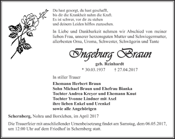 Traueranzeige von Ingeburg Braun von Thüringer Allgemeine
