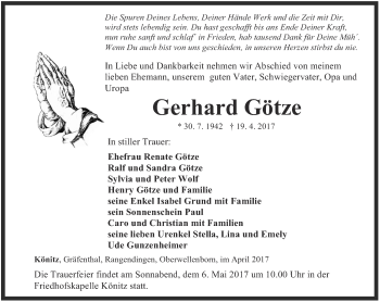 Traueranzeige von Gerhard Götze von Ostthüringer Zeitung