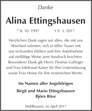 Traueranzeige von Alina Ettingshausen von Thüringer Allgemeine