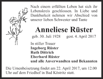 Traueranzeige von Anneliese Rüster von Ostthüringer Zeitung