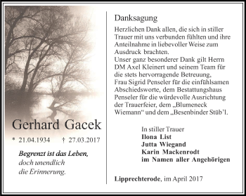 Traueranzeige von Gerhard Gacek von Thüringer Allgemeine