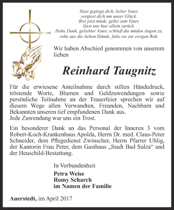 Traueranzeige von Reinhard Taugnitz von Thüringer Allgemeine, Thüringische Landeszeitung