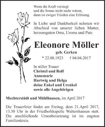 Traueranzeige von Eleonore Möller von Ostthüringer Zeitung, Thüringische Landeszeitung