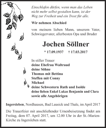 Traueranzeige von Jochen Söllner von Thüringer Allgemeine, Thüringische Landeszeitung