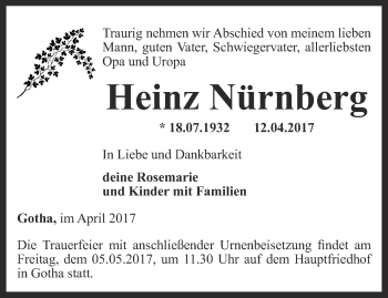 Traueranzeige von Heinz Nürnberg von Ostthüringer Zeitung, Thüringische Landeszeitung