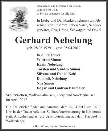 Traueranzeige von Gerhard Nebelung von Thüringer Allgemeine