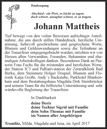 Traueranzeige von Johann Mattheis von Thüringer Allgemeine, Thüringische Landeszeitung