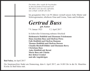 Traueranzeige von Gertrud Buss von Thüringer Allgemeine, Thüringische Landeszeitung