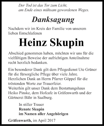 Traueranzeige von Heinz Skupin von Ostthüringer Zeitung