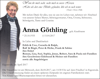 Traueranzeige von Anna Göthling von Thüringer Allgemeine, Thüringische Landeszeitung