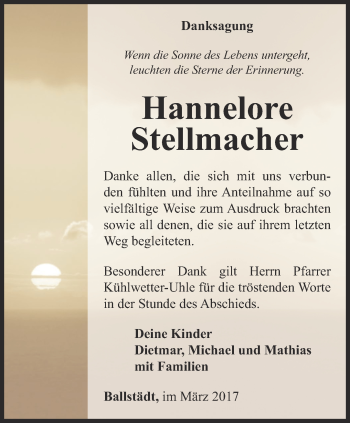 Traueranzeige von Hannelore Stellmacher von Ostthüringer Zeitung, Thüringische Landeszeitung