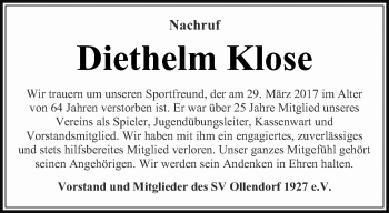 Traueranzeige von Diethelm Klose von Thüringer Allgemeine, Thüringische Landeszeitung