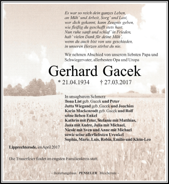 Traueranzeige von Gerhard Gacek von Thüringer Allgemeine