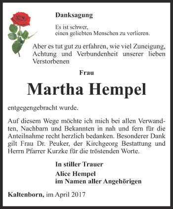 Traueranzeige von Martha Hempel von Ostthüringer Zeitung