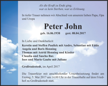 Traueranzeige von Peter John von Thüringer Allgemeine, Thüringische Landeszeitung