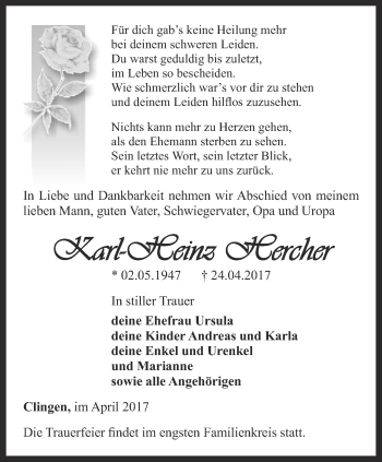 Traueranzeige von Karl-Heinz Hercher von Thüringer Allgemeine