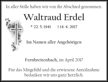 Traueranzeige von Waltraud Erdel von Thüringer Allgemeine, Thüringische Landeszeitung