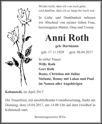 Traueranzeige von Anni Roth von Thüringer Allgemeine