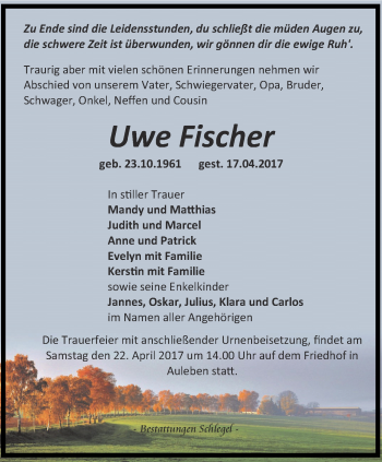 Traueranzeige von Uwe Fischer von Thüringer Allgemeine