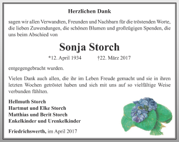 Traueranzeige von Sonja Storch von Ostthüringer Zeitung, Thüringische Landeszeitung