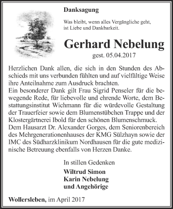 Traueranzeige von Gerhard Nebelung von Thüringer Allgemeine