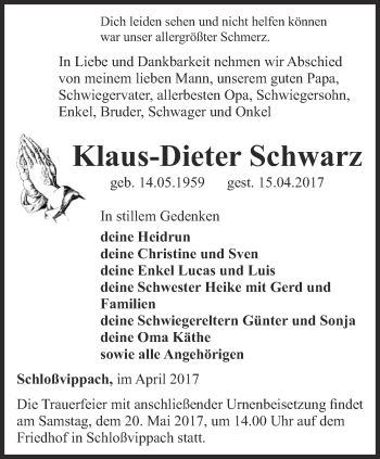 Traueranzeige von Klaus-Dieter Schwarz von Thüringer Allgemeine, Thüringische Landeszeitung