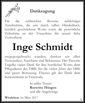 Traueranzeige von Inge Schmidt von Thüringer Allgemeine