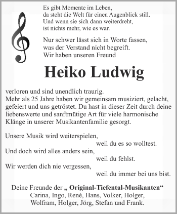 Traueranzeige von Heiko Ludwig von Thüringer Allgemeine, Thüringische Landeszeitung