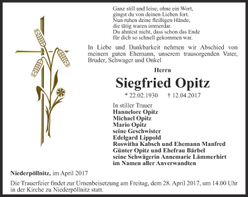 Traueranzeige von Siegfried Opitz von Ostthüringer Zeitung