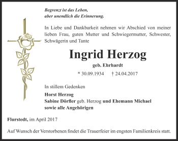 Traueranzeige von Ingrid Herzog von Thüringer Allgemeine, Thüringische Landeszeitung