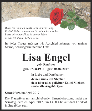 Traueranzeige von Lisa Engel von Thüringer Allgemeine