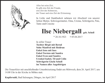 Traueranzeige von Ilse Niebergall von Thüringer Allgemeine, Thüringische Landeszeitung