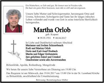 Traueranzeige von Martha Orlob von Thüringer Allgemeine