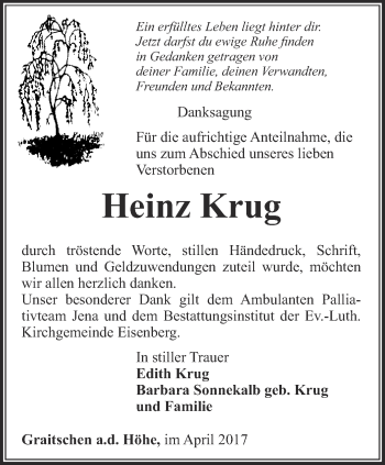 Traueranzeige von Heinz Krug von Ostthüringer Zeitung